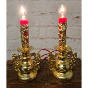 Pair Of Vintage Chinese Style Electric Candle Alter Lamps Dragon Design